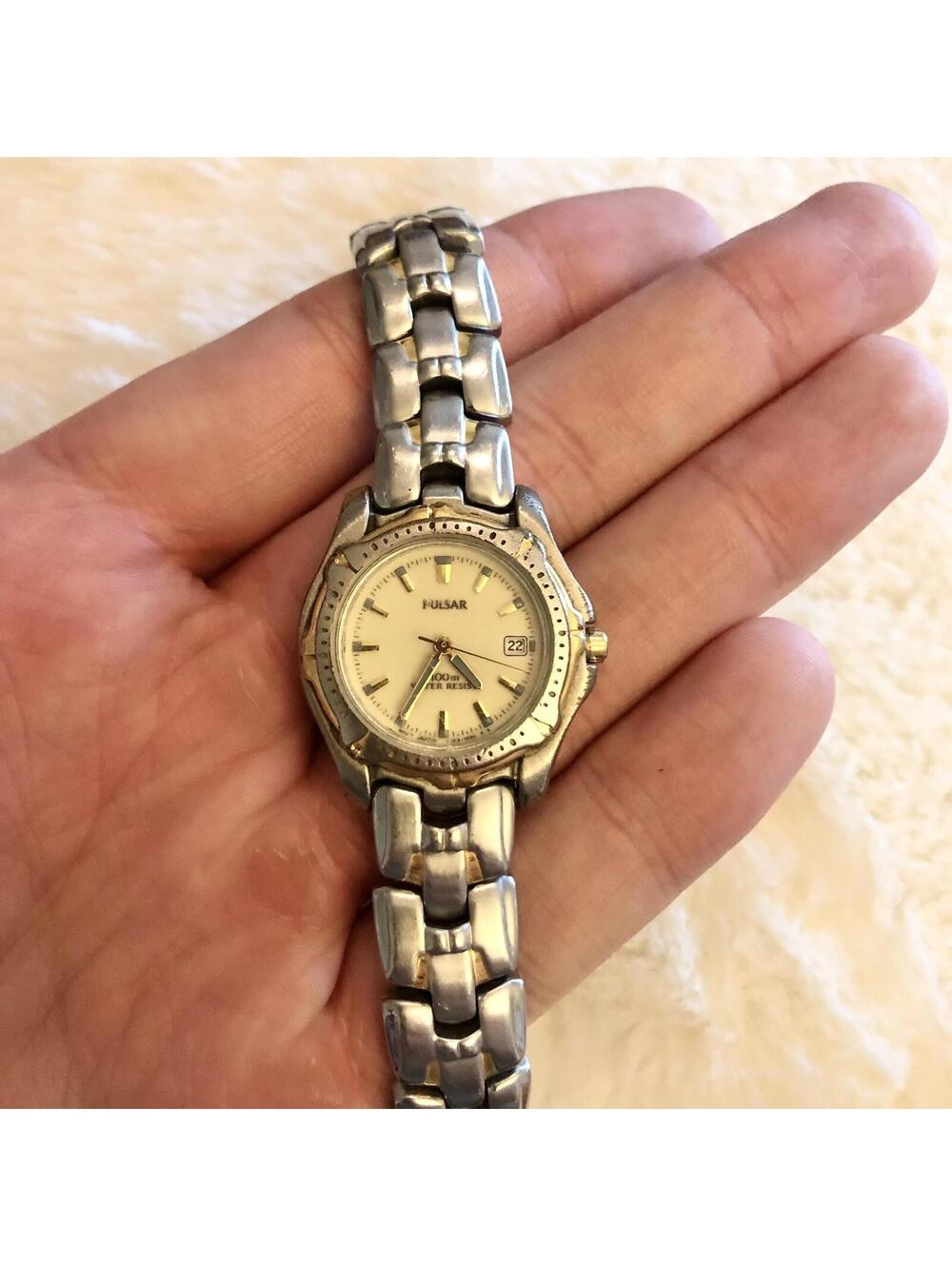 PULSAR TWO TONE SILVER GOLD V782-0600 100M LADIES WATCH STAINLESS STEEL VINTAGE